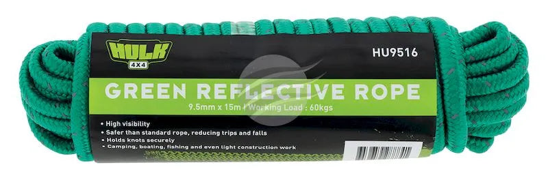 15 METRE GREEN ROPE 9.5mm WITH REFLECTIVE WEAVE