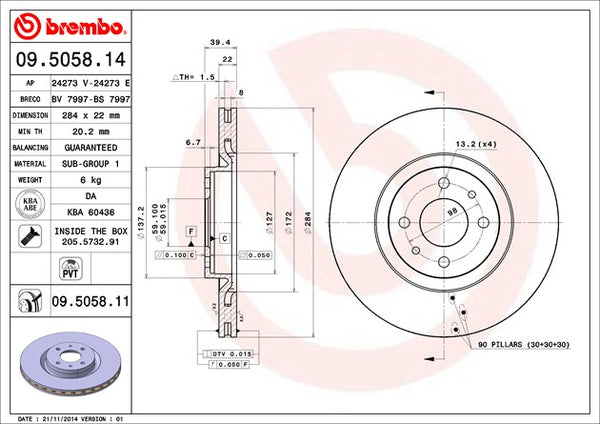 BREMBO BRAKE DISC - ALFA/FIAT FRONT 284mm