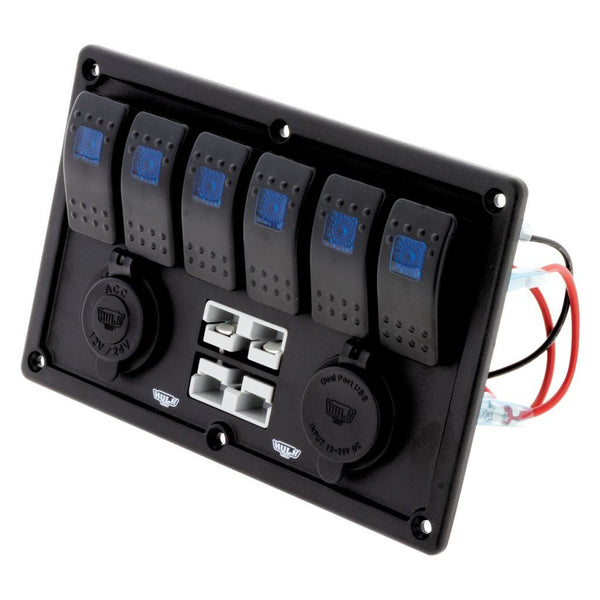 6 WAY SWITCH PANEL WITH 50A PLUGS ACCESSORY SOCKET & DUAL USB