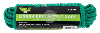 15 METRE GREEN ROPE 9.5mm WITH REFLECTIVE WEAVE