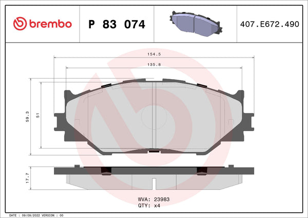 BREMBO BRAKE PAD - TOYOTA/LEXUS FRONT